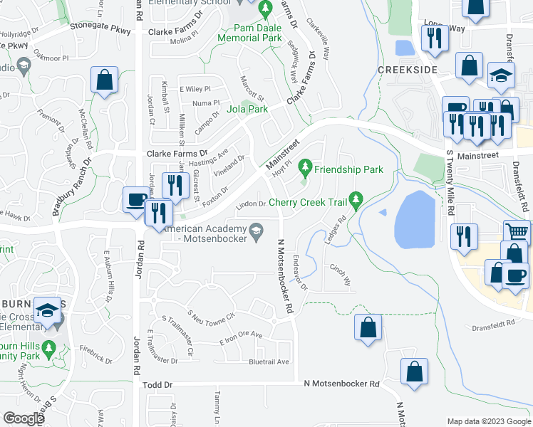 map of restaurants, bars, coffee shops, grocery stores, and more near 17329 Paoli Way in Parker