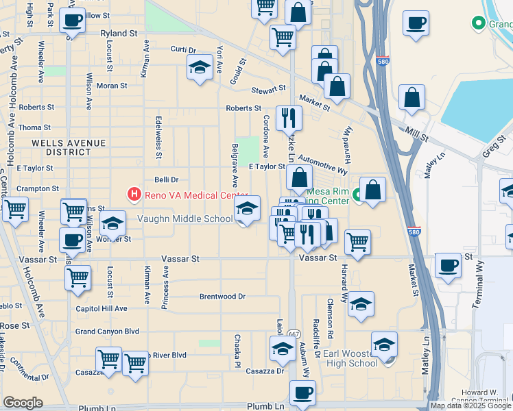 map of restaurants, bars, coffee shops, grocery stores, and more near 946 Lester Avenue in Reno