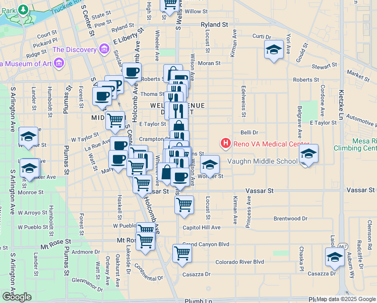 map of restaurants, bars, coffee shops, grocery stores, and more near 1033 Wilson Avenue in Reno