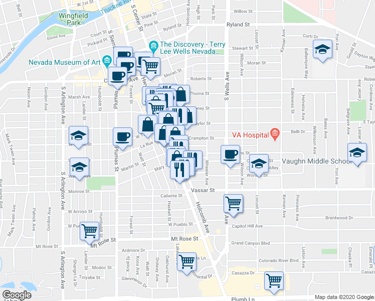 map of restaurants, bars, coffee shops, grocery stores, and more near 1010 Holcomb Avenue in Reno