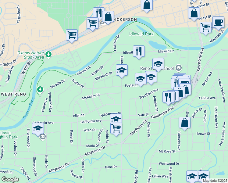 map of restaurants, bars, coffee shops, grocery stores, and more near 1430 Foster Drive in Reno