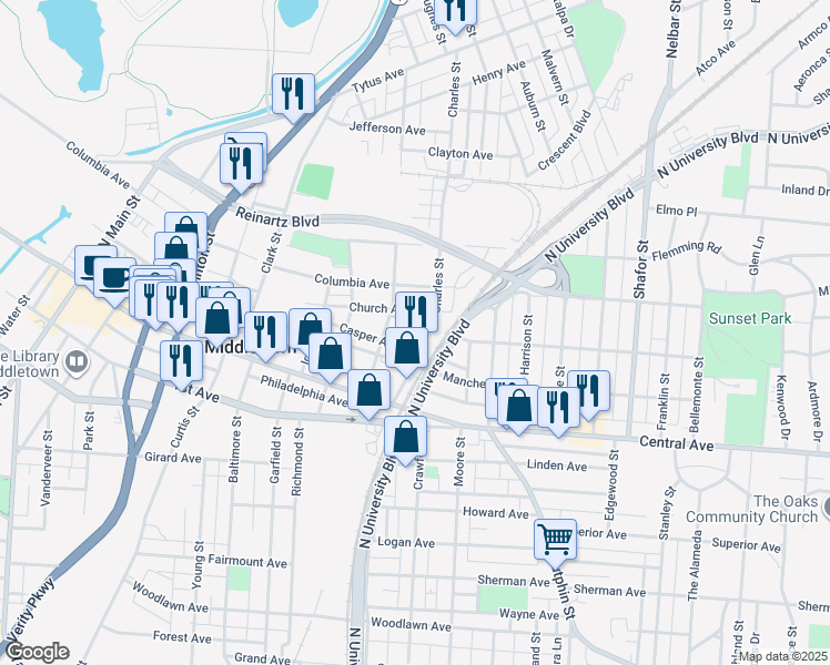 map of restaurants, bars, coffee shops, grocery stores, and more near 208 Charles Street in Middletown