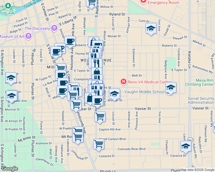 map of restaurants, bars, coffee shops, grocery stores, and more near 1033 Wilson Avenue in Reno