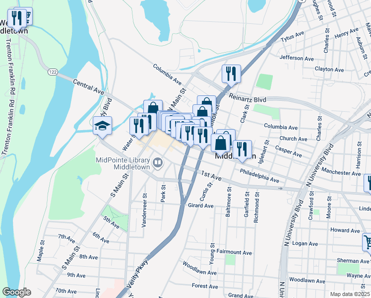 map of restaurants, bars, coffee shops, grocery stores, and more near 1201 Central Avenue in Middletown