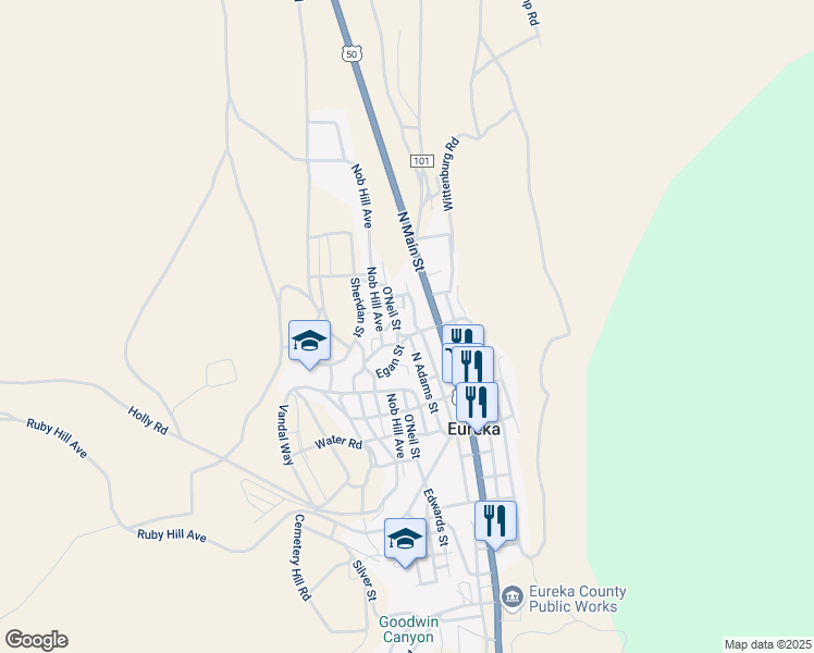 map of restaurants, bars, coffee shops, grocery stores, and more near 371 O'Neil Street in Eureka