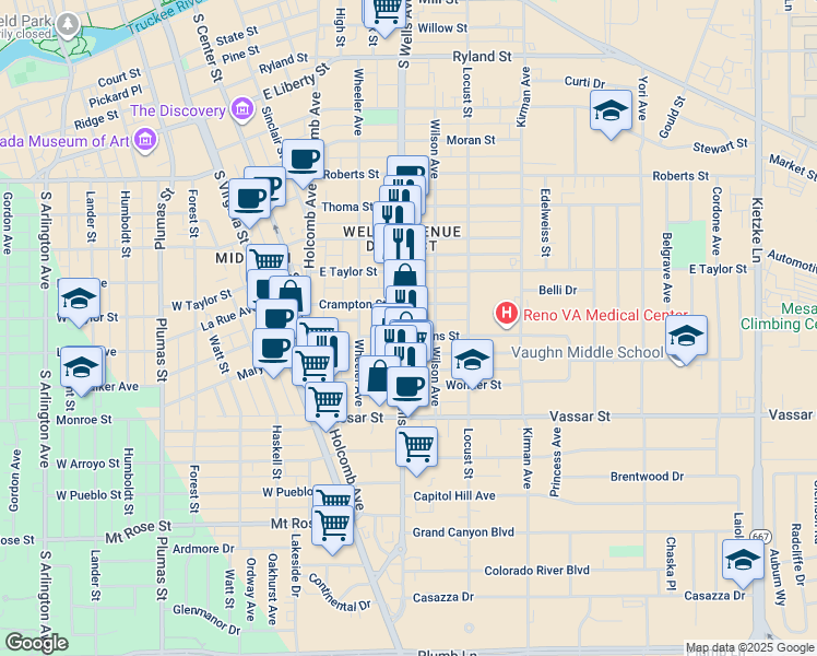 map of restaurants, bars, coffee shops, grocery stores, and more near 1025 South Wells Avenue in Reno
