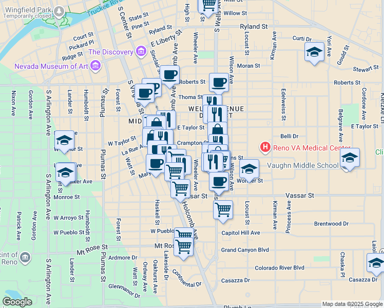 map of restaurants, bars, coffee shops, grocery stores, and more near 1001 Wheeler Avenue in Reno