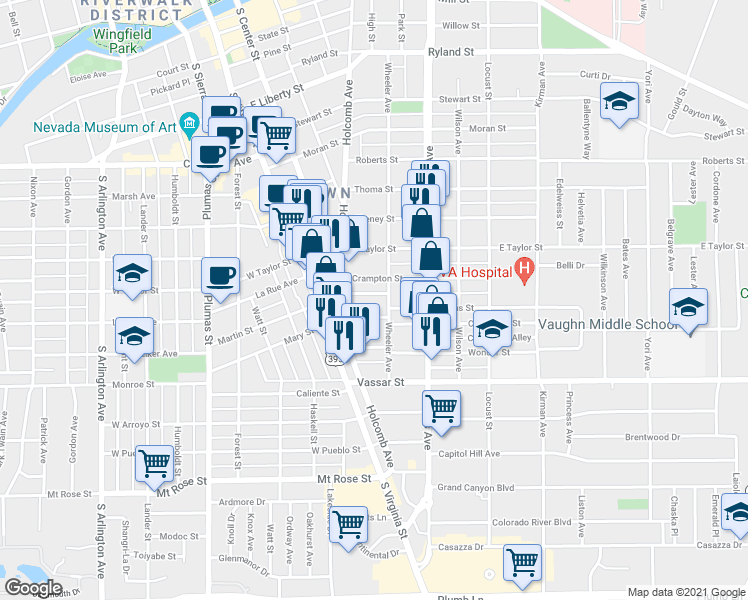 map of restaurants, bars, coffee shops, grocery stores, and more near 1001 Wheeler Avenue in Reno