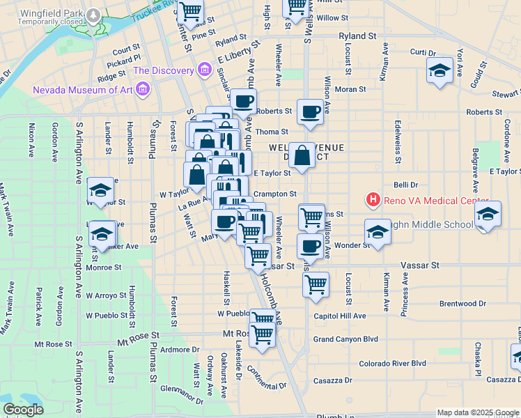 map of restaurants, bars, coffee shops, grocery stores, and more near 1010 Holcomb Avenue in Reno