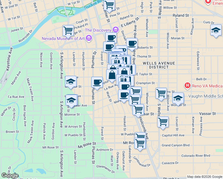 map of restaurants, bars, coffee shops, grocery stores, and more near 95 La Rue Avenue in Reno