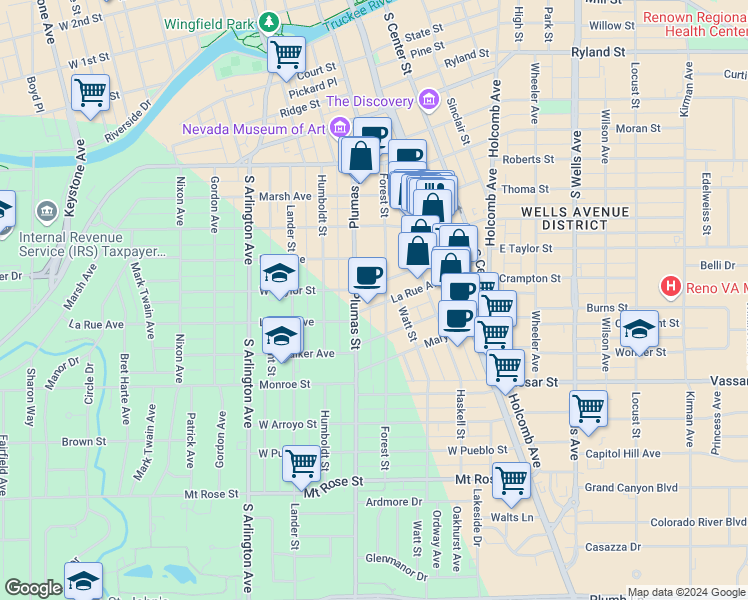 map of restaurants, bars, coffee shops, grocery stores, and more near 912 Plumas Street in Reno