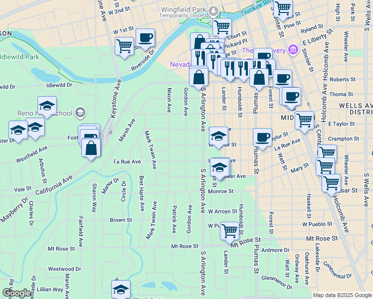 map of restaurants, bars, coffee shops, grocery stores, and more near 836 Gordon Avenue in Reno