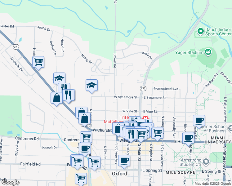 map of restaurants, bars, coffee shops, grocery stores, and more near 5170 Brown Road in Oxford