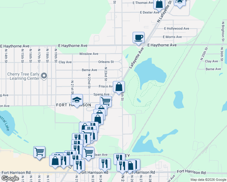 map of restaurants, bars, coffee shops, grocery stores, and more near 2303 Frisco Avenue in Terre Haute
