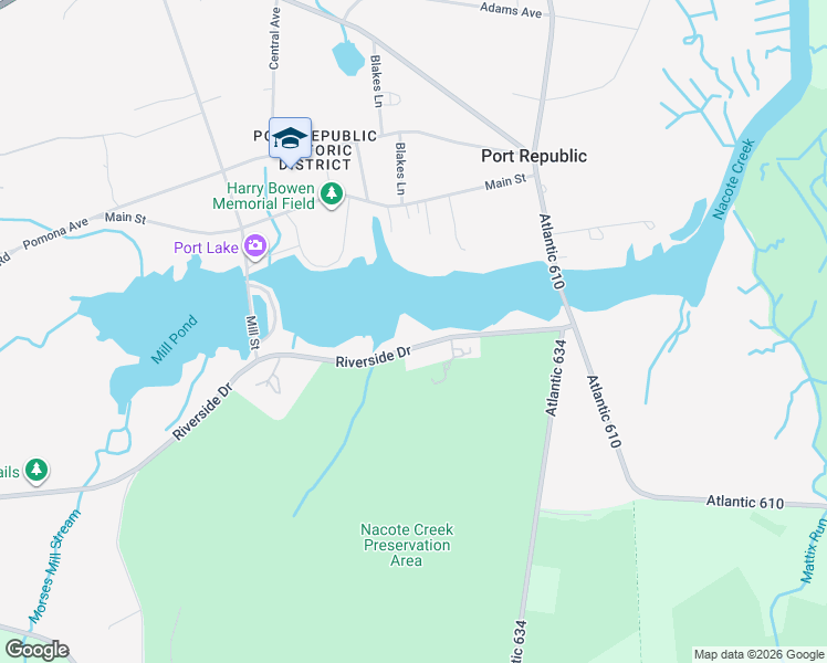 map of restaurants, bars, coffee shops, grocery stores, and more near 68 Riverside Drive in Port Republic