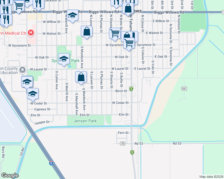 map of restaurants, bars, coffee shops, grocery stores, and more near 462 South Shasta Street in Willows