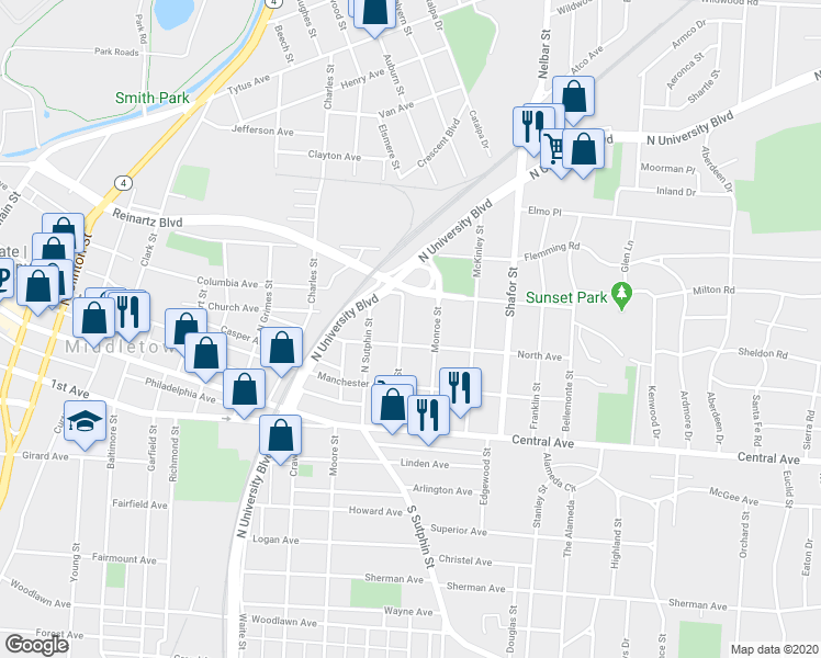 map of restaurants, bars, coffee shops, grocery stores, and more near 209 Harrison Street in Middletown