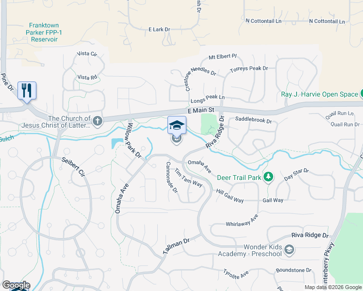 map of restaurants, bars, coffee shops, grocery stores, and more near 10881 Riva Ridge Drive in Parker