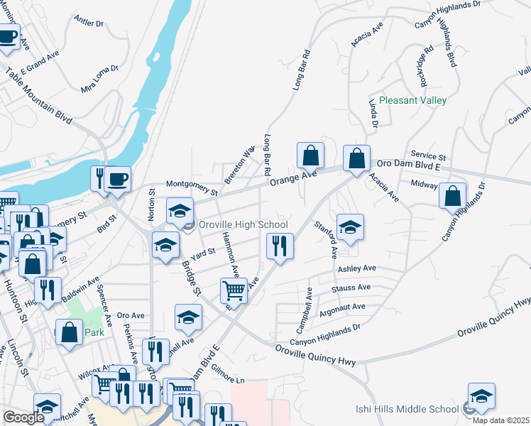map of restaurants, bars, coffee shops, grocery stores, and more near 1559 Boynton Avenue in Oroville