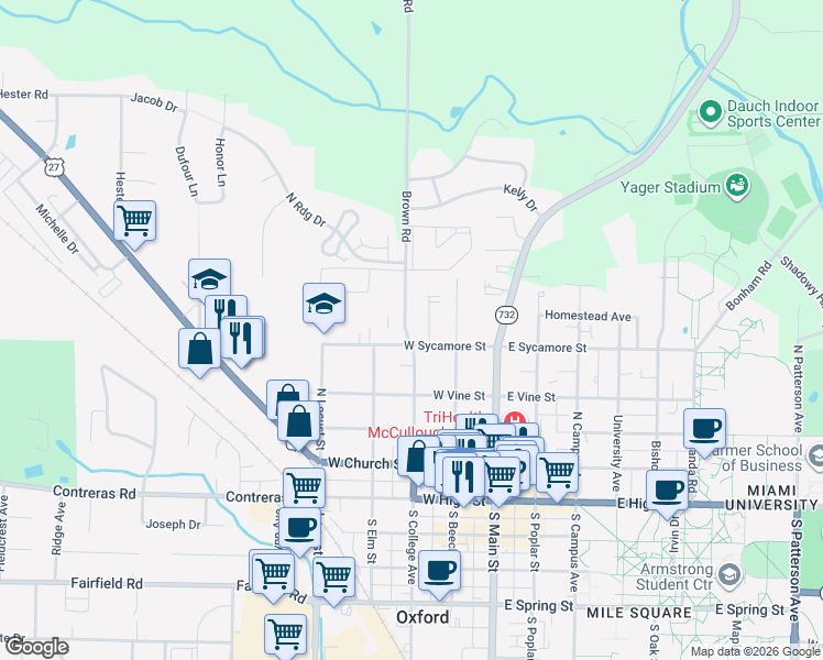 map of restaurants, bars, coffee shops, grocery stores, and more near 5170 Brown Road in Oxford
