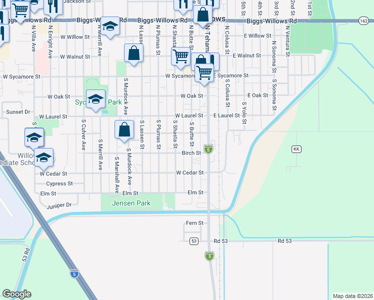 map of restaurants, bars, coffee shops, grocery stores, and more near 459 South Butte Street in Willows