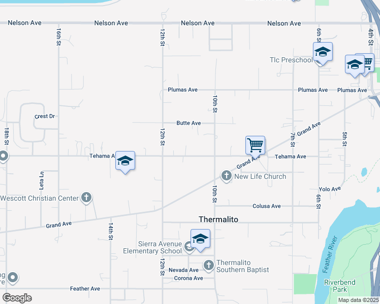 map of restaurants, bars, coffee shops, grocery stores, and more near 1082 Tehama Avenue in Oroville