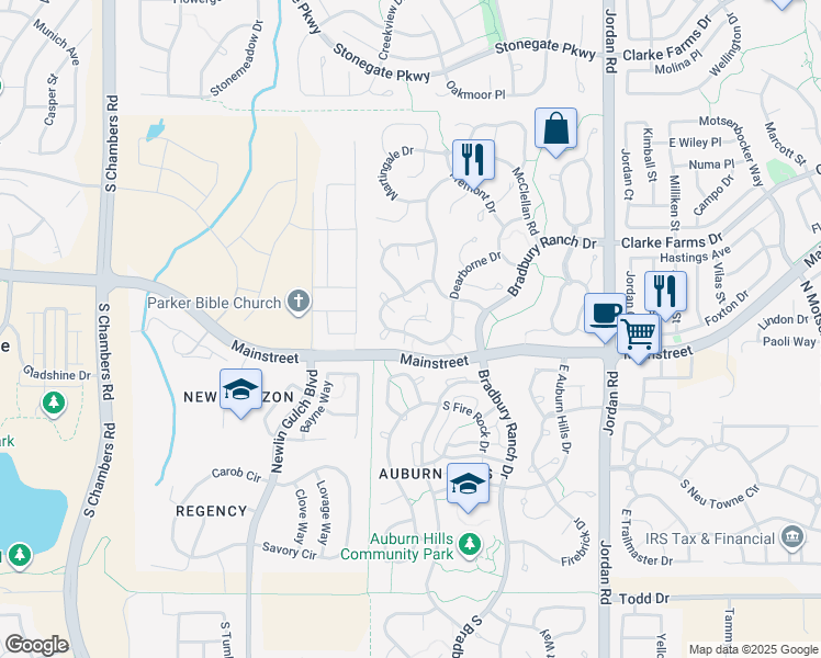 map of restaurants, bars, coffee shops, grocery stores, and more near 11064 Grouse Court in Parker