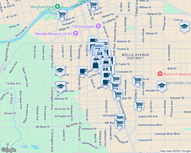 map of restaurants, bars, coffee shops, grocery stores, and more near 122 La Rue Avenue in Reno