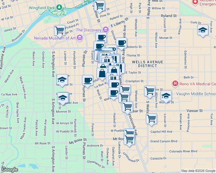 map of restaurants, bars, coffee shops, grocery stores, and more near 95 La Rue Avenue in Reno