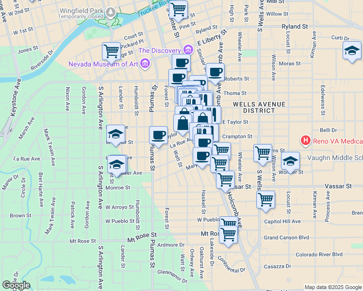map of restaurants, bars, coffee shops, grocery stores, and more near 128 La Rue Avenue in Reno