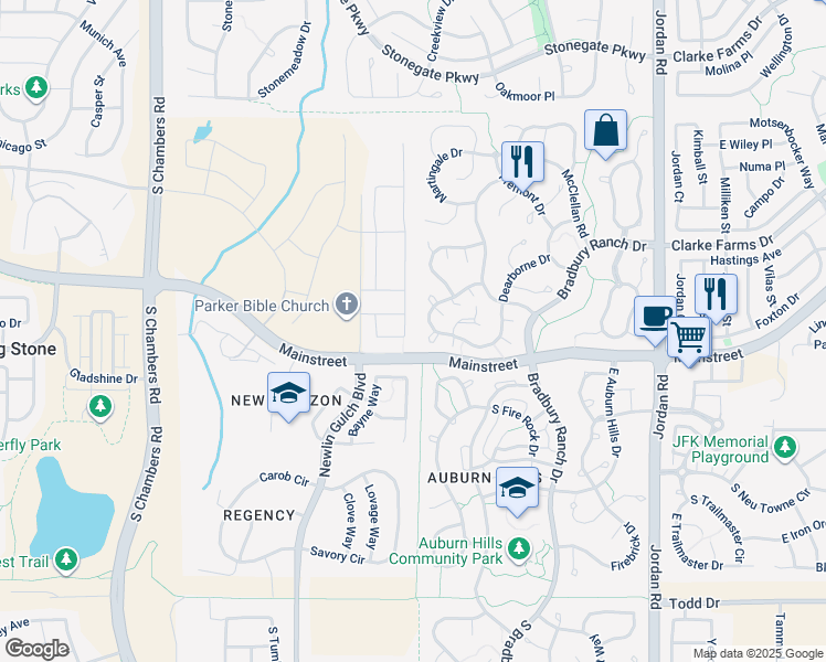 map of restaurants, bars, coffee shops, grocery stores, and more near 16020 Filly Avenue in Parker