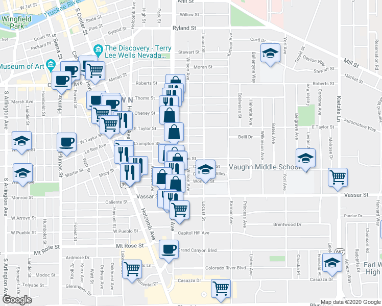 map of restaurants, bars, coffee shops, grocery stores, and more near 1033 Wilson Avenue in Reno
