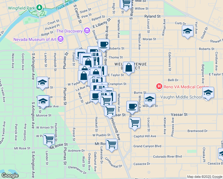 map of restaurants, bars, coffee shops, grocery stores, and more near 1010 Holcomb Avenue in Reno