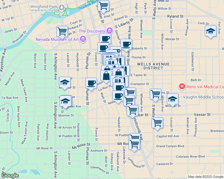 map of restaurants, bars, coffee shops, grocery stores, and more near 95 La Rue Avenue in Reno