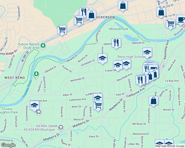 map of restaurants, bars, coffee shops, grocery stores, and more near 1515 Foster Drive in Reno