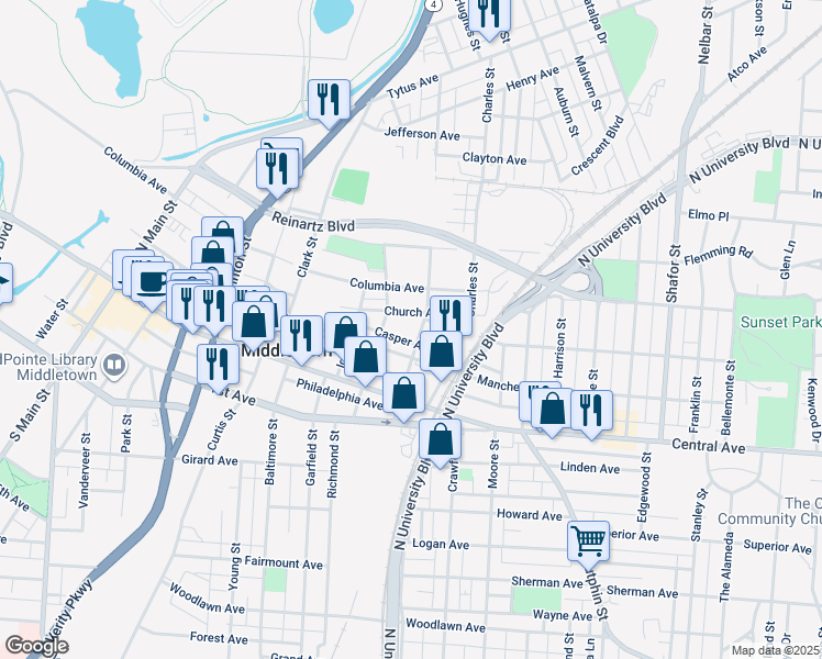map of restaurants, bars, coffee shops, grocery stores, and more near 126 North Grimes Street in Middletown