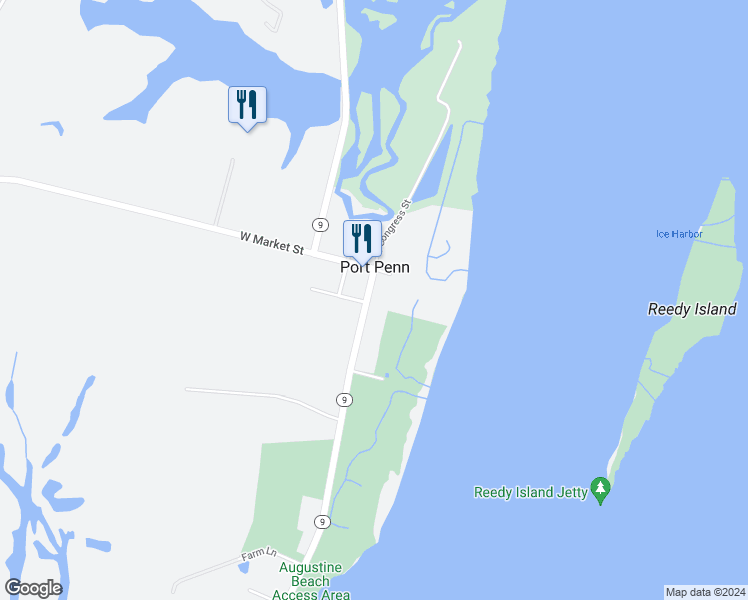 map of restaurants, bars, coffee shops, grocery stores, and more near 8 South Congress Street in Port Penn