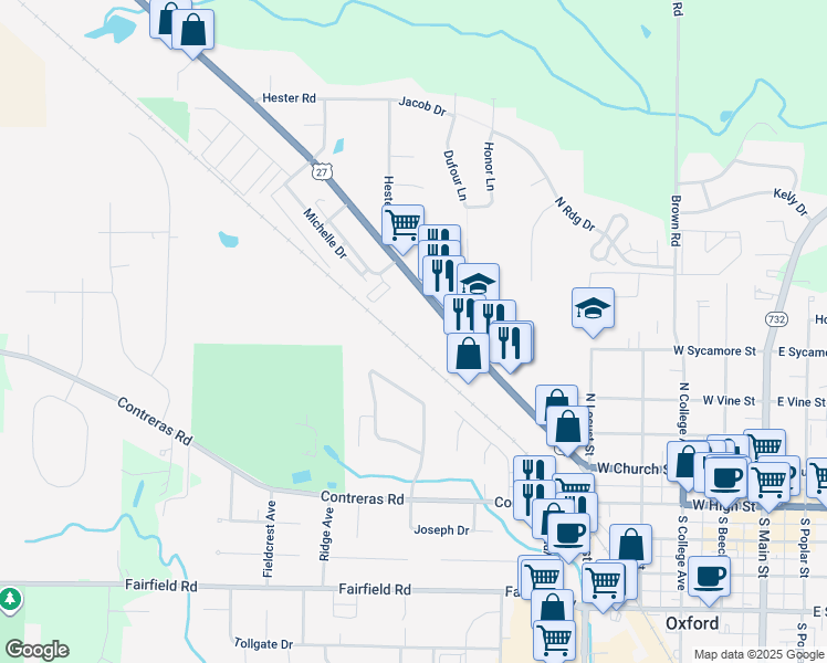 map of restaurants, bars, coffee shops, grocery stores, and more near 5171 College Corner Pike in Oxford
