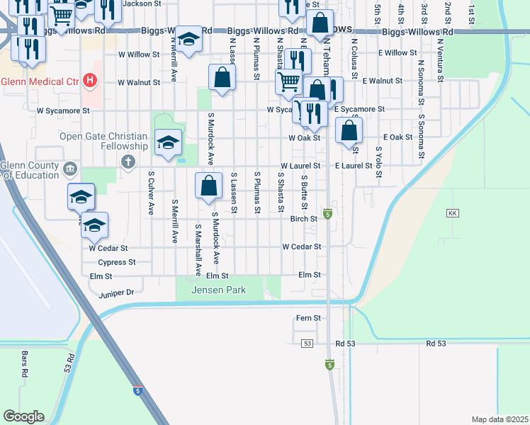 map of restaurants, bars, coffee shops, grocery stores, and more near 450 South Plumas Street in Willows