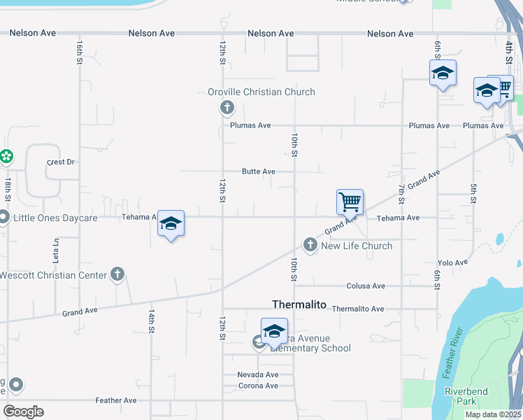 map of restaurants, bars, coffee shops, grocery stores, and more near 1082 Tehama Avenue in Oroville
