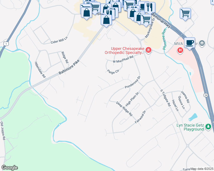 map of restaurants, bars, coffee shops, grocery stores, and more near 618 Fox Bow Drive in Bel Air