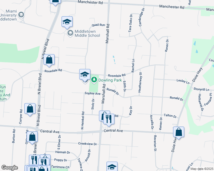 map of restaurants, bars, coffee shops, grocery stores, and more near 214 Leland Court in Middletown