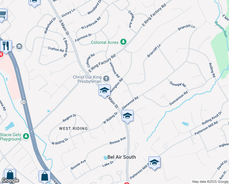 map of restaurants, bars, coffee shops, grocery stores, and more near 5 Lexington Road in Bel Air