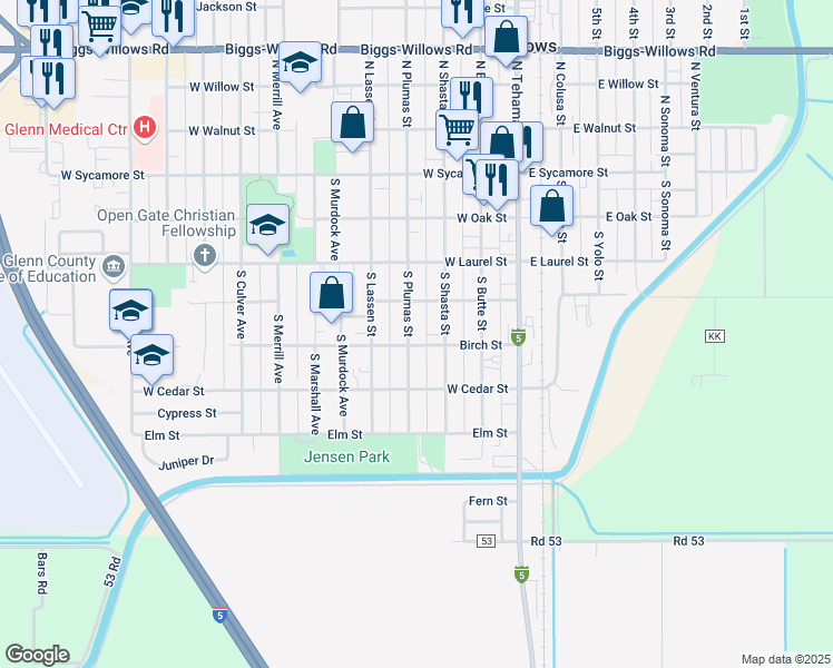 map of restaurants, bars, coffee shops, grocery stores, and more near 450 South Plumas Street in Willows