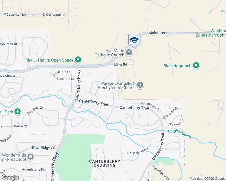 map of restaurants, bars, coffee shops, grocery stores, and more near 11036 Callaway Road in Parker