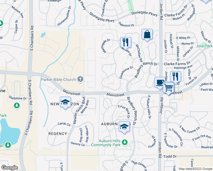 map of restaurants, bars, coffee shops, grocery stores, and more near 16224 White Hawk Drive in Parker