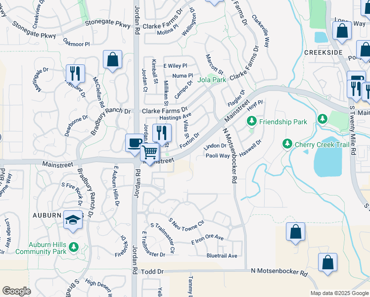 map of restaurants, bars, coffee shops, grocery stores, and more near 17048 Foxton Drive in Parker