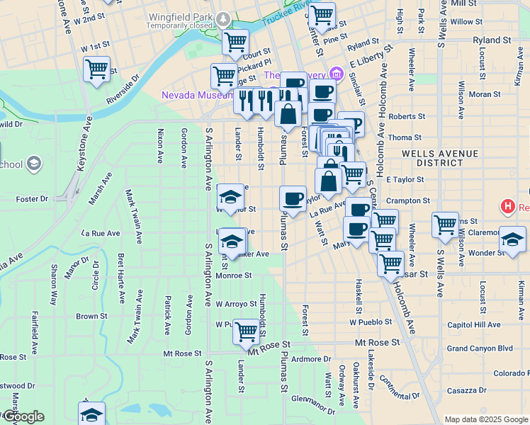 map of restaurants, bars, coffee shops, grocery stores, and more near 850 Humboldt Street in Reno