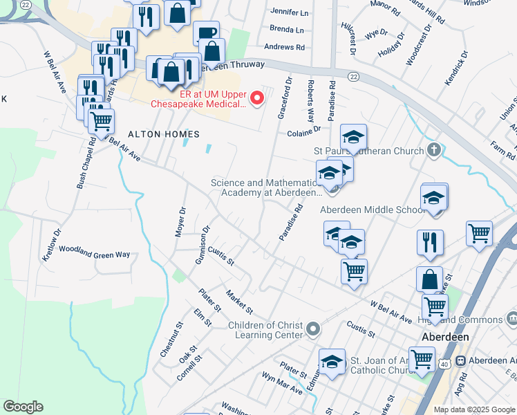 map of restaurants, bars, coffee shops, grocery stores, and more near 44 Graceford Drive in Aberdeen