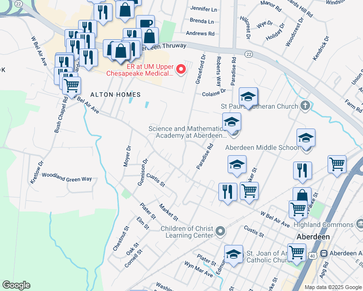 map of restaurants, bars, coffee shops, grocery stores, and more near 44 Graceford Drive in Aberdeen